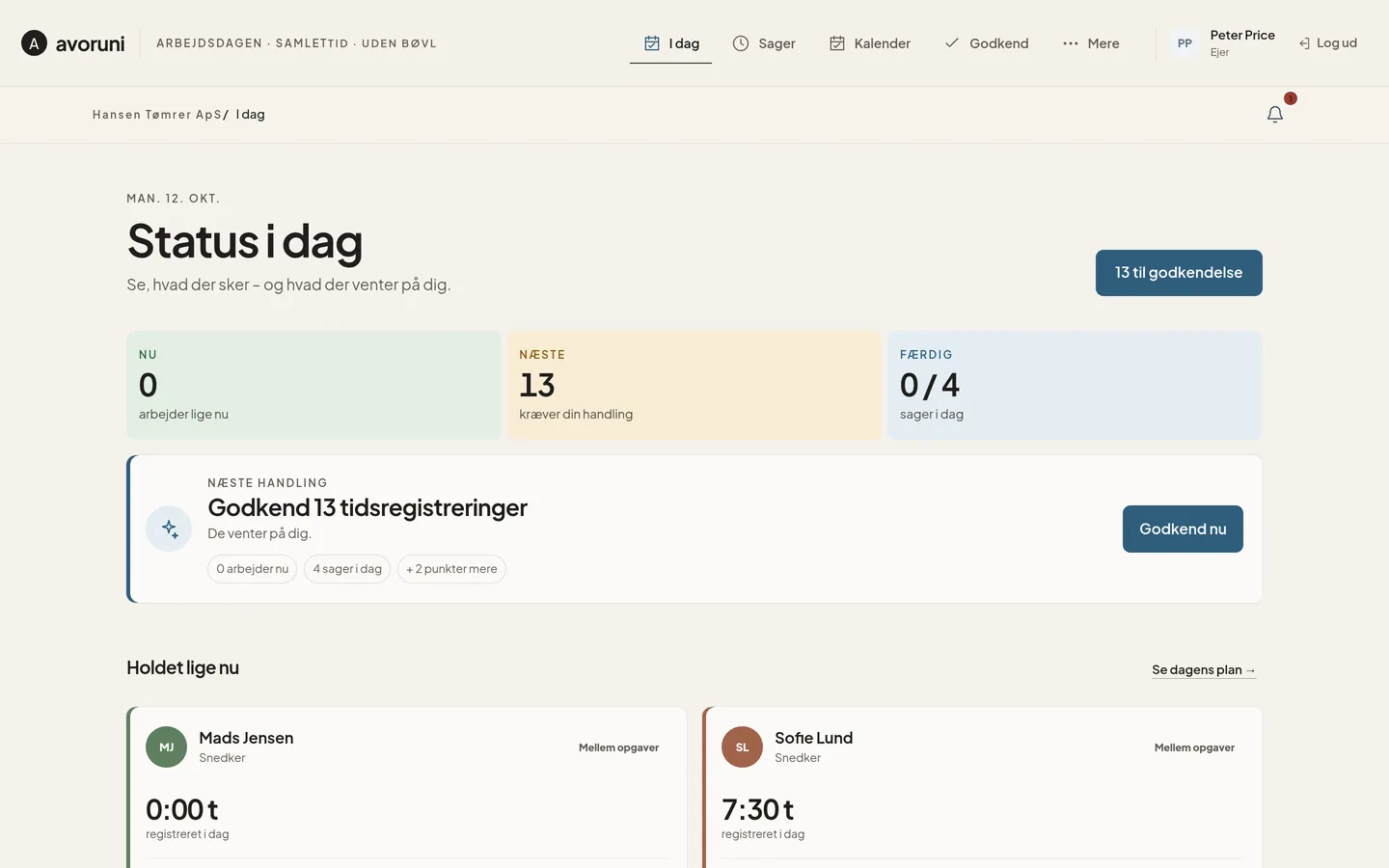 Ejerens overblik i Avoruni på computer: status i dag, timer der venter på godkendelse og næste handling