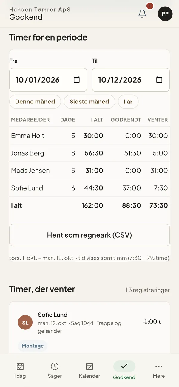 Timer for en periode med eksport som regneark