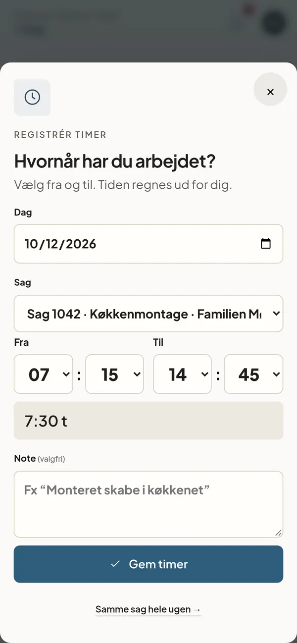 Formular til at registrere timer med fra- og til-tid